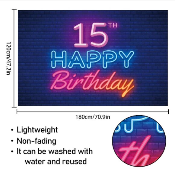 Glow Neon 15th Birthday Photo Backdrop Banner and Colorful Glow Light Balloons - Picture 2 of 10
